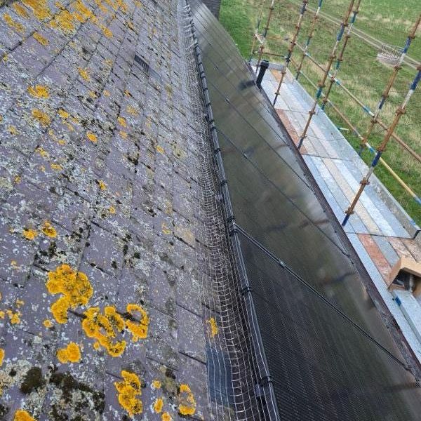 Close up shot of solar panel bird proofing mesh, attached to a solar panel on a house. 